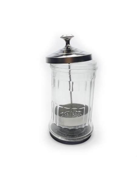 Recipient sticlă dezinfectare instrumente 750ml cu tavă metalică Barbicide.