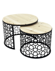 Set 2 măsuțe cafea lemn natur + cadru metalic negru, design modern