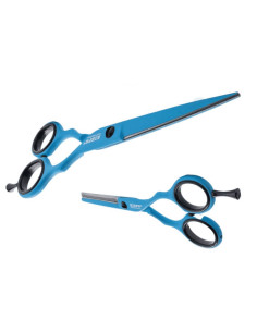 Set foarfecă tuns + filat Blue 5.5 inch, oțel AISI 420, Italia.