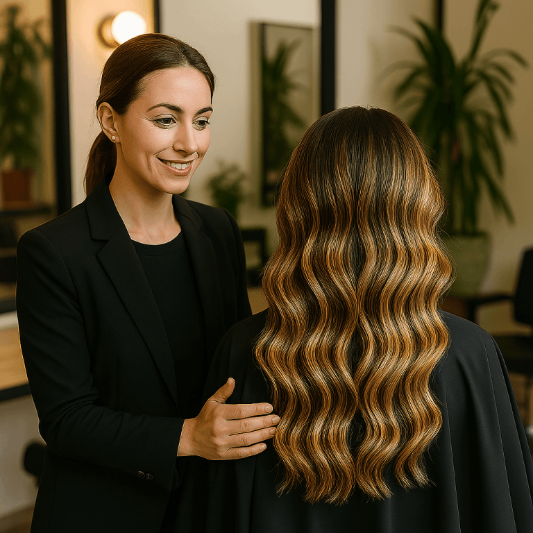 Stilistă profesionistă aranjând părul unei cliente cu balayage impecabil într-un salon modern