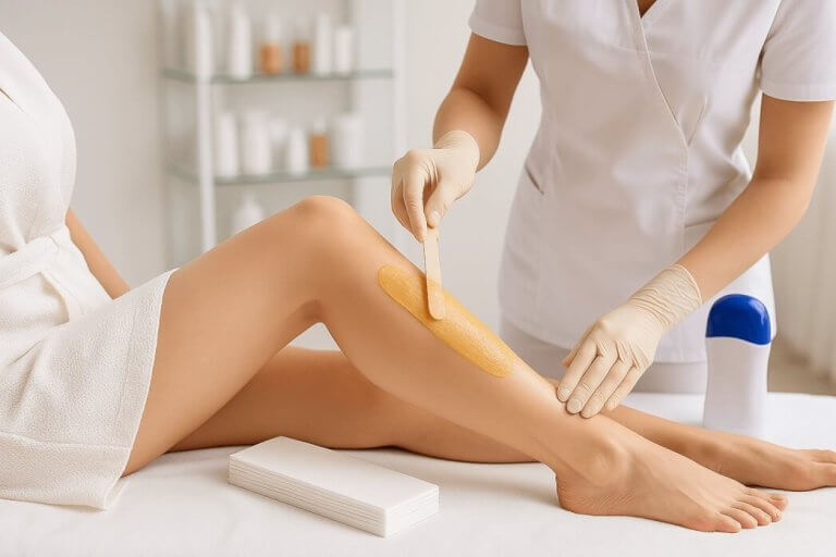 Femeie aplicând ceară de epilat cu spatulă de lemn pe picior, într-un salon cosmetic profesional