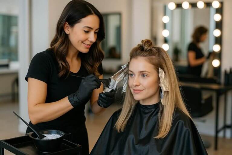 Două femei într-un salon de înfrumusețare în timpul aplicării pudrei decolorante pe părul blond