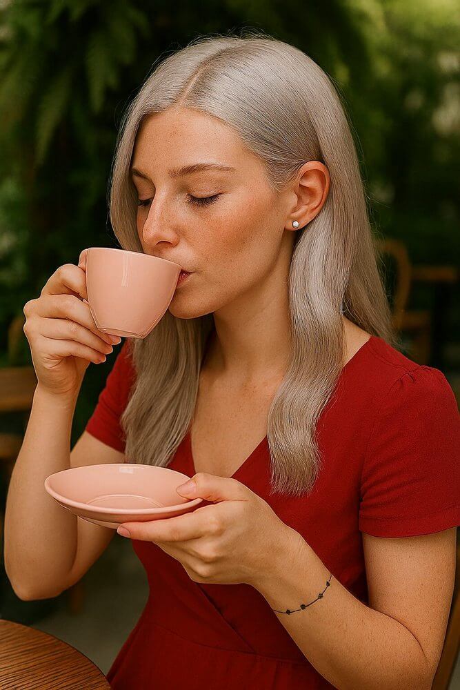 Model cu păr Pearl, rochie roșie și tatuaj delicat, savurând cafea pe terasa unei cafenele verzi. Ilustrează rafinamentul tonifierii cu Yellow Alfaparf.