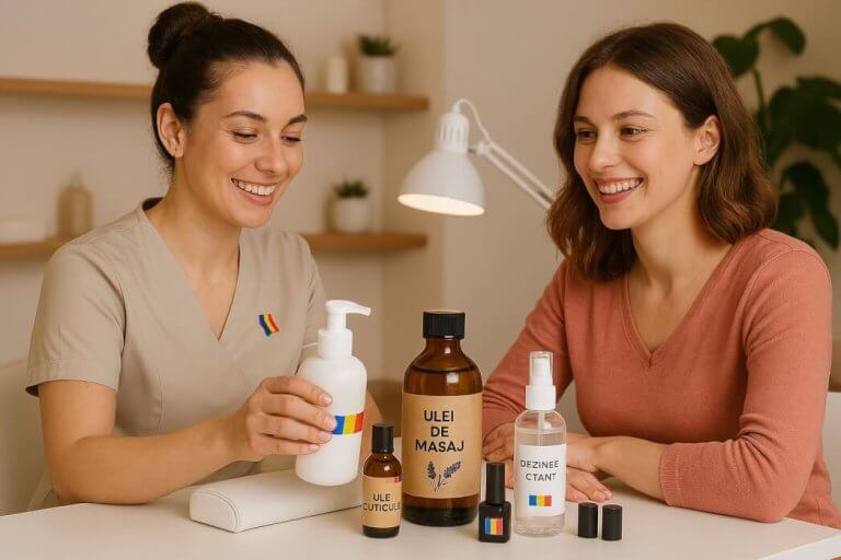 Manichiuristă recomandă produse cosmetice românești unei cliente la salon, într-un decor modern cu detalii tricolore