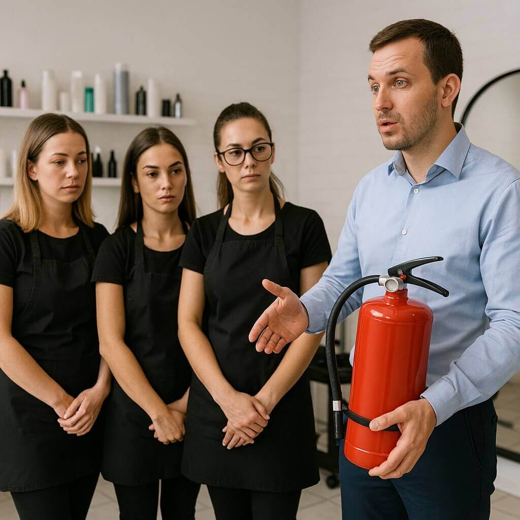 Managerul unui salon explică echipei cum se folosește corect un stingător, într-un cadru profesional.