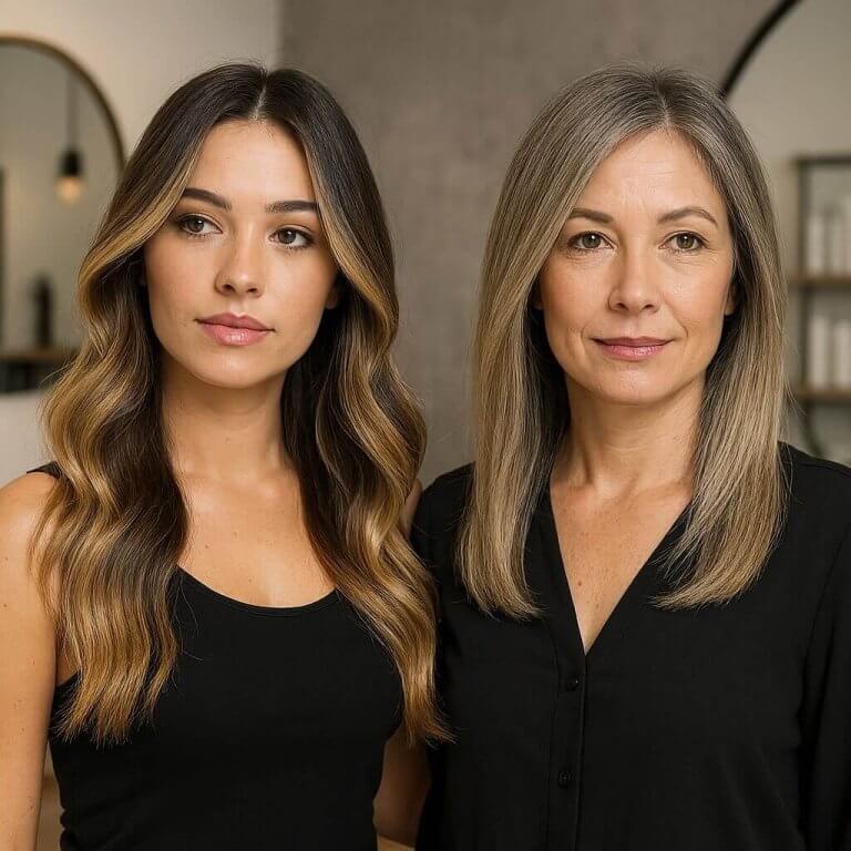 Două femei cu vopsiri profesionale: balayage ombré și sombre, în salon modern