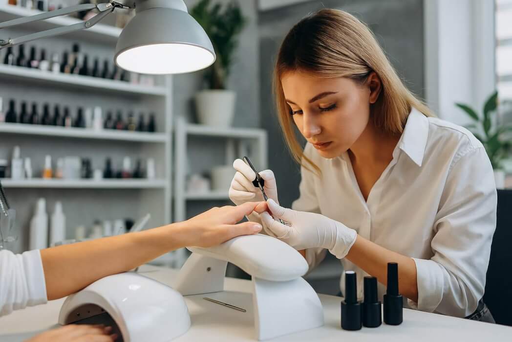 Manichiuristă profesionistă aplicând gel pe unghii într-un salon modern, cu lampă UV și produse de manichiură vizibile.