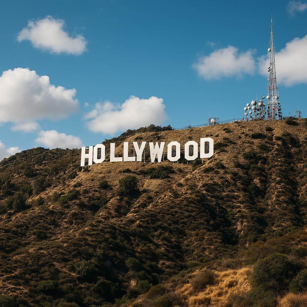 Simbolul Hollywood pe coline, într-un peisaj natural luminat de soare